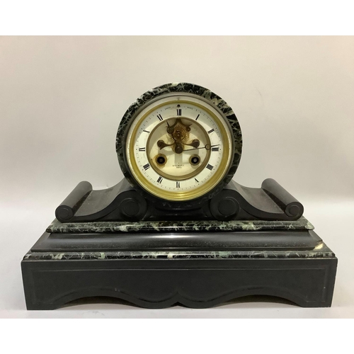 337 - A Victorian black and grey marble mantel clock with drum movement, having a white enamel two part di... 