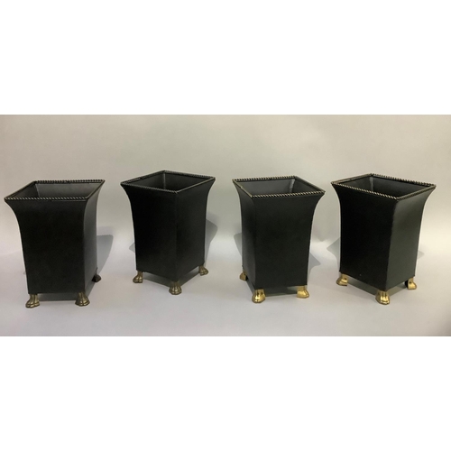 346 - A set of four black planters with gilt highlighted rope twist rims, on paw feet, 35cm high x 24cm sq... 