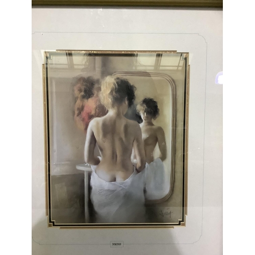 364 - A colour print, three-quarter portrait of a semi-naked woman, titled 'Domingo', in a gilt frame, ove... 