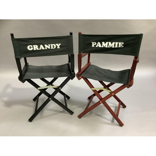 378 - Two director style chairs, one saying Pammie to the back the other saying Grandy to the back