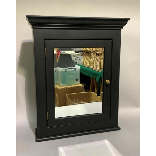 438 - A black and mirrored single door wall cabinet with bevelled mirrored door, 62cm wide x 14cm deep x 7... 