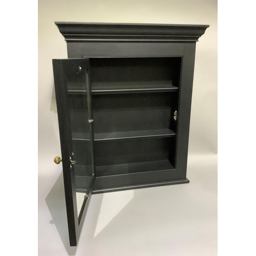 438 - A black and mirrored single door wall cabinet with bevelled mirrored door, 62cm wide x 14cm deep x 7... 