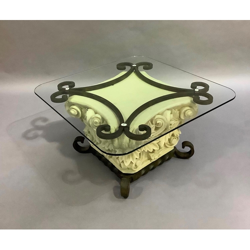 449 - A glass topped coffee table with faux stone and cast iron pedestal, en suite with the preceding lot,... 