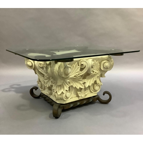 449 - A glass topped coffee table with faux stone and cast iron pedestal, en suite with the preceding lot,... 