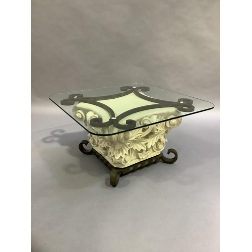 449 - A glass topped coffee table with faux stone and cast iron pedestal, en suite with the preceding lot,... 