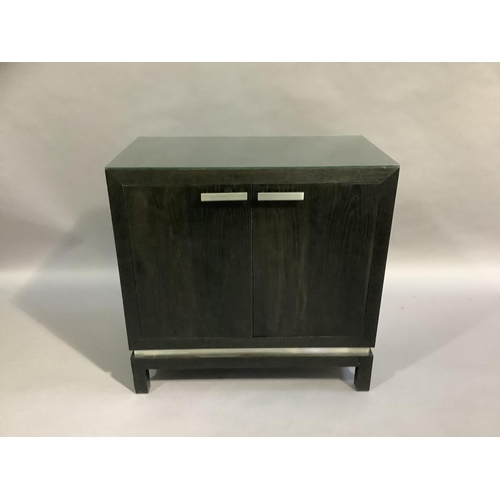 453 - A black ash two door cupboard with brushed steel handles, on square legs, 80cm wide x 45cm deep x 78... 