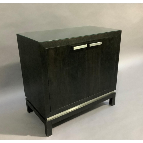 453 - A black ash two door cupboard with brushed steel handles, on square legs, 80cm wide x 45cm deep x 78... 