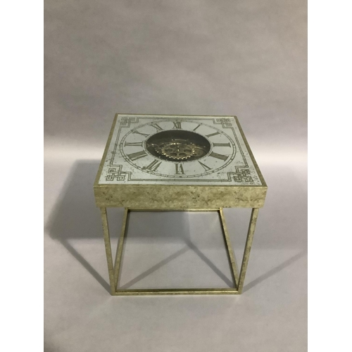 454 - A gilt metal and mirrored clock face side table on square legs, 51cm square x 51cm high