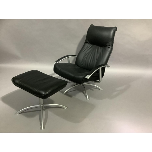 455 - A black leather and brushed metal armchair and matching chair on four leg base