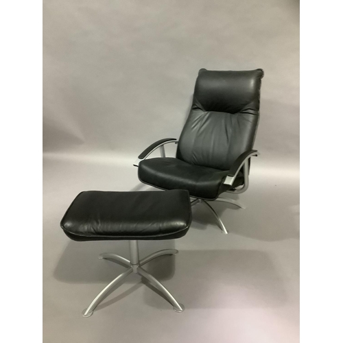 455 - A black leather and brushed metal armchair and matching chair on four leg base