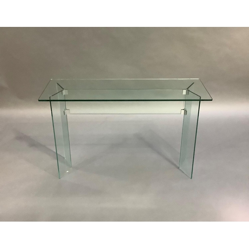 456 - A glass console table of rectangular form, on glass V-shaped supports, 120cm wide x 40cm deep x 74cm... 