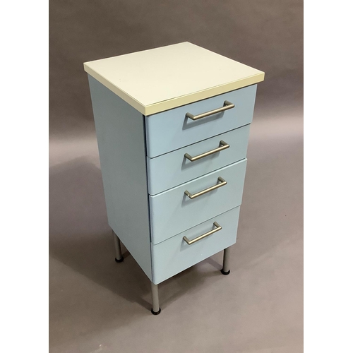 462 - A four height pale blue and white chest of drawers on rounded legs, 39cm wide x 38cm deep x 65cm hig... 