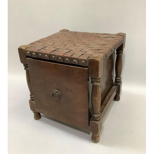 466 - A leather woven topped stool on square framing with later drawer