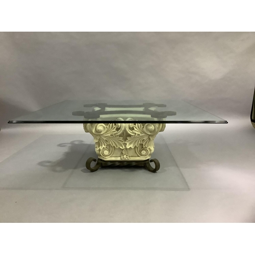 448 - A large glass topped coffee table on a faux stone and cast iron pedestal base, 131cm square x 49cm h... 