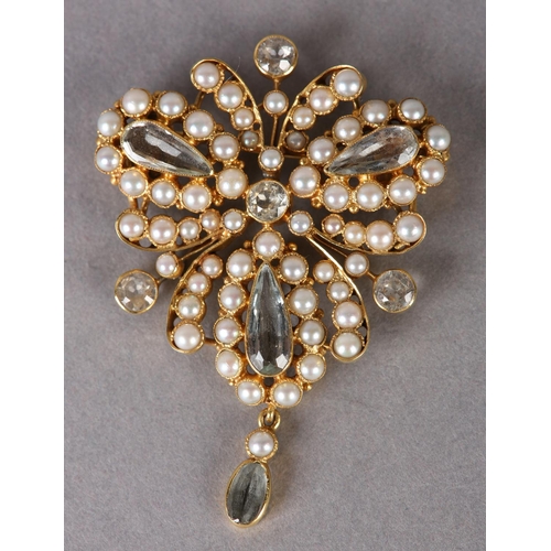 324 - A VICTORIAN AQUAMARINE AND SEED PEARL BROOCH in 18ct gold, the three pear shaped faceted aquamarines... 