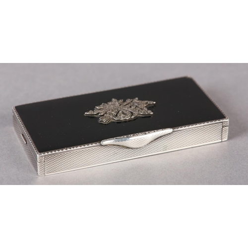 276 - A GEORGE V SILVER, ENAMEL AND MARCASITE COMPACT CASE, the rectangular black champlevé top set to the... 