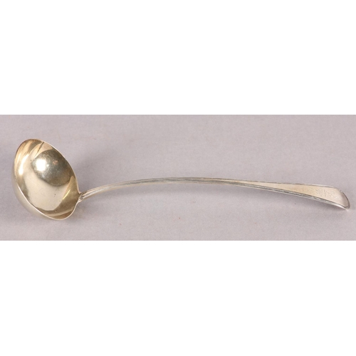 237 - A GEORGE III SILVER SOUP LADLE, reeded handle engraved with lion rampant crest over the initial W, h... 