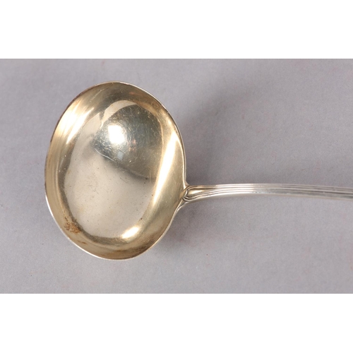 237 - A GEORGE III SILVER SOUP LADLE, reeded handle engraved with lion rampant crest over the initial W, h... 