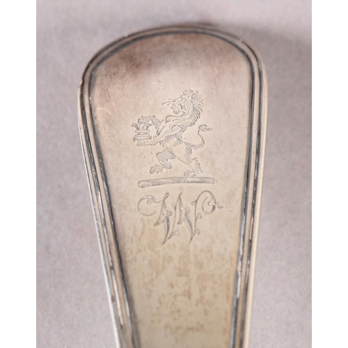 237 - A GEORGE III SILVER SOUP LADLE, reeded handle engraved with lion rampant crest over the initial W, h... 