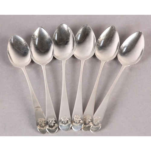 229 - A MATCHED SET OF SIX GEORGE III SCOTTISH SILVER DESSERT SPOONS by various makers, all with engraved ... 