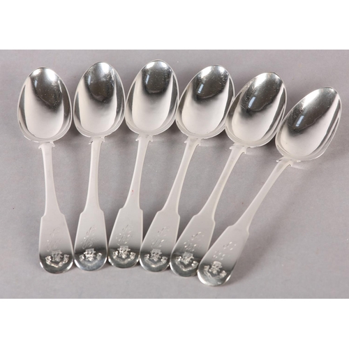 232 - A SET OF SIX GEORGE III SILVER TABLE SPOONS, fiddle pattern with engraved crest of lion passant over... 