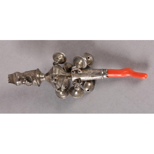 278 - A GEORGE III SILVER RATTLE WHISTLE with coral teether, the octagonal body and tapered circular stem,... 