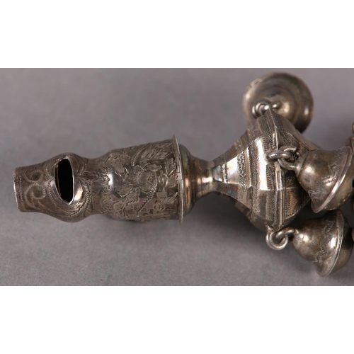 278 - A GEORGE III SILVER RATTLE WHISTLE with coral teether, the octagonal body and tapered circular stem,... 