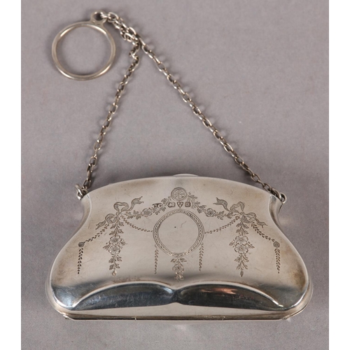 279 - A GEORGE V SILVER PURSE engraved to the front with ribbon tied swags and oval open cartouche hung on... 