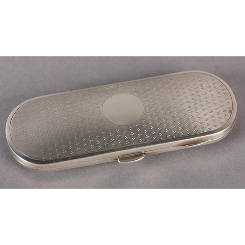 280 - A VICTORIAN SILVER GLASSES CASE, engine turned, of oval outline with open circular cartouche, blue v... 