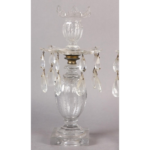 191 - A PAIR OF 19TH CENTURY GLASS CANDLESTICKS the screw off sconces having scalloped rim and panel cut b... 