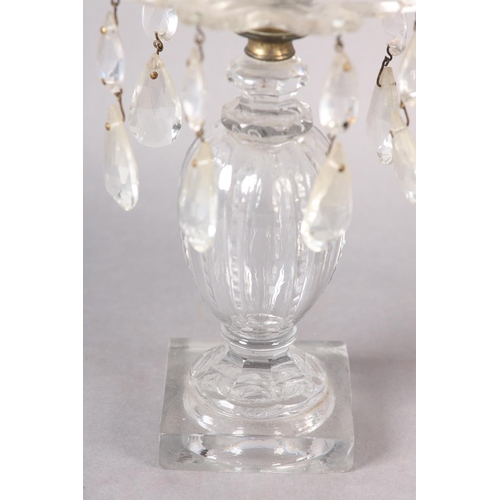 191 - A PAIR OF 19TH CENTURY GLASS CANDLESTICKS the screw off sconces having scalloped rim and panel cut b... 