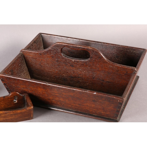 92 - A 19TH CENTURY OAK CUTLERY TRAY OF TWO DIVISIONS  with carrying handle, 31cm wide x 30cm deep togeth... 