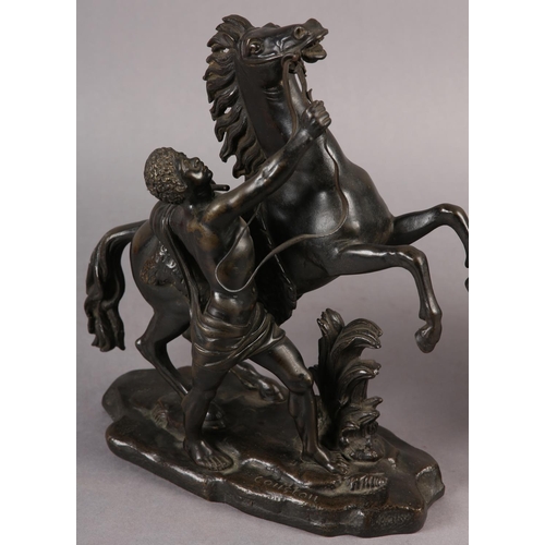 102 - AFTER GUILLAME COUSTEAU, A PAIR OF BRONZE MARLY HORSES AND ATTENDANTS, on naturalistic base, both be... 