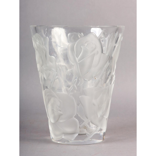 171 - A LALIQUE ISPHAHAN ROSE CLEAR AND FROSTED GLASS VASE, the flared body moulded with roses, signed 'La... 