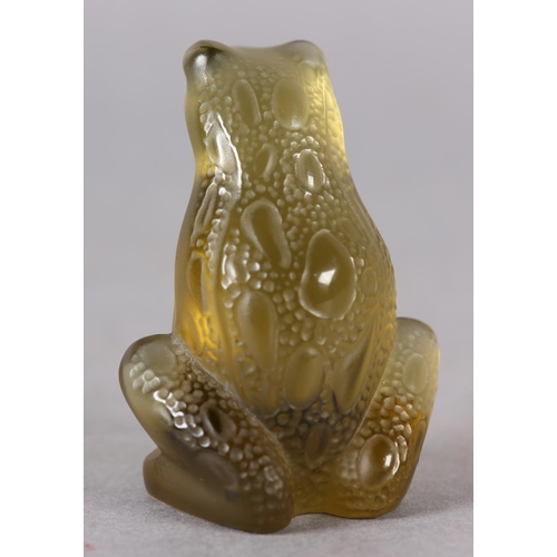 173 - A LALIQUE OLIVE FROSTED GLASS FROG SCULPTURE, signed 'Lalique France' in script to underside, late 2... 