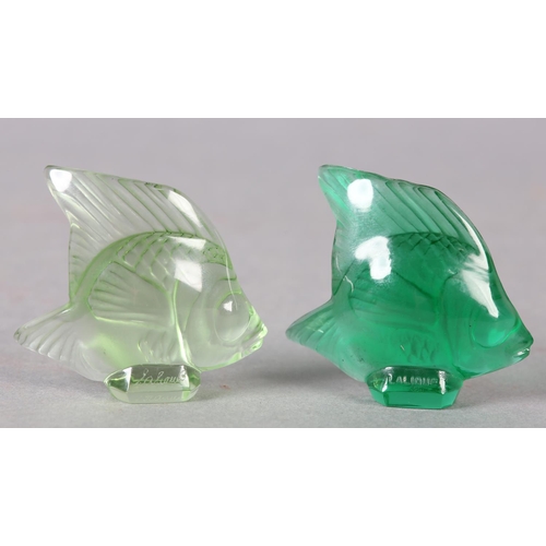 174 - TWO LALIQUE ANGEL FISH IN PALE GREEN, emerald and frosted glass, signed 'Lalique France' in script a... 