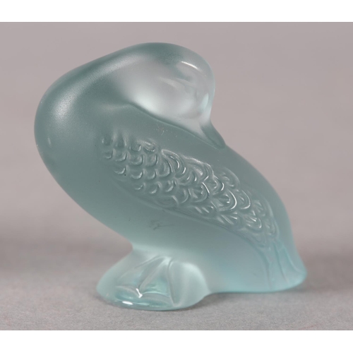 175 - TWO LALIQUE SCULPTURES OF A DUCK IN PALE BLUE FROSTED GLASS AND ANOTHER BIRD IN FROSTED GLASS, signe... 