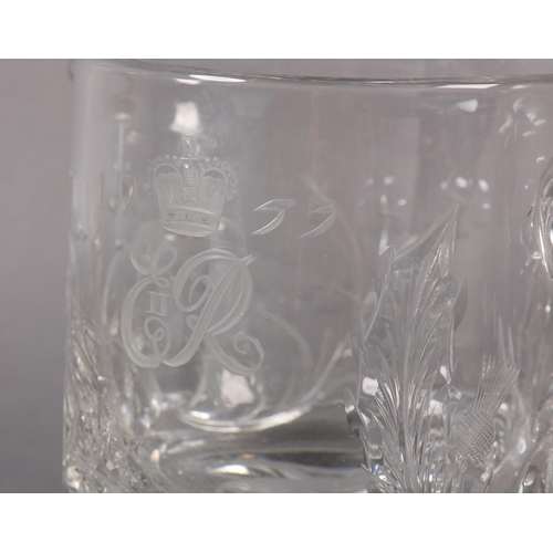 180 - AN ELIZABETH II CORONATION COMMEMORATIVE CUT GLASS WATER JUG etched with crowned cypher and 1953 wit... 