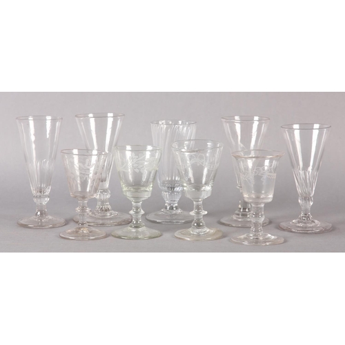 189 - FIVE EARLY 19TH CENTURY CORDIAL GLASSES, four with trumpet bowls on a basal knop stem and circular f... 