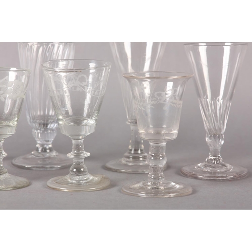 189 - FIVE EARLY 19TH CENTURY CORDIAL GLASSES, four with trumpet bowls on a basal knop stem and circular f... 