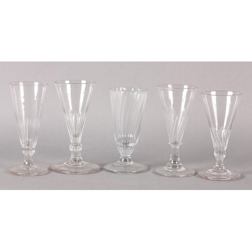 189 - FIVE EARLY 19TH CENTURY CORDIAL GLASSES, four with trumpet bowls on a basal knop stem and circular f... 