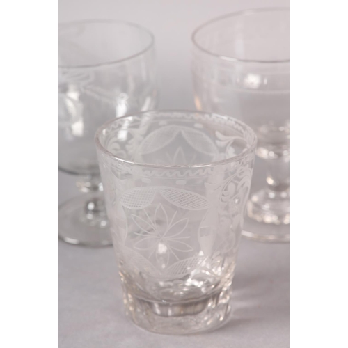 190 - A COLLECTION OF EIGHT LATE 18TH/EARLY 19TH CENTURY ETCHED RUMMERS, wines and tumblers, from 8cm-13cm... 