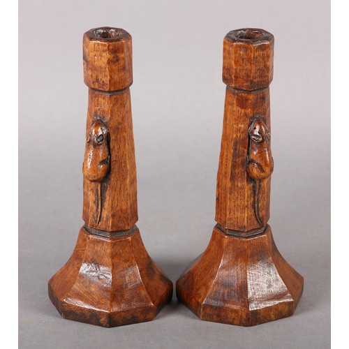 THOMPSON OF KILBURN 'MOUSEMAN', a pair of early oak candlesticks, c