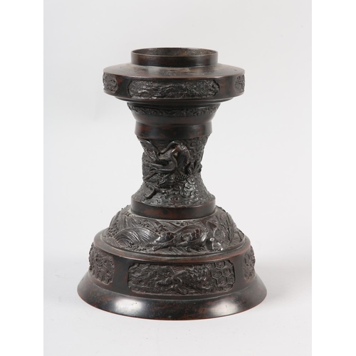 169B - A PAIR OF JAPANESE BRONZE TABLE LAMP BASES, Meiji period, the baluster pedestal cast in high and low... 