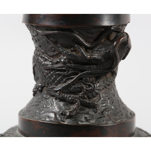 169B - A PAIR OF JAPANESE BRONZE TABLE LAMP BASES, Meiji period, the baluster pedestal cast in high and low... 