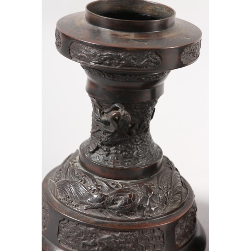 169B - A PAIR OF JAPANESE BRONZE TABLE LAMP BASES, Meiji period, the baluster pedestal cast in high and low... 