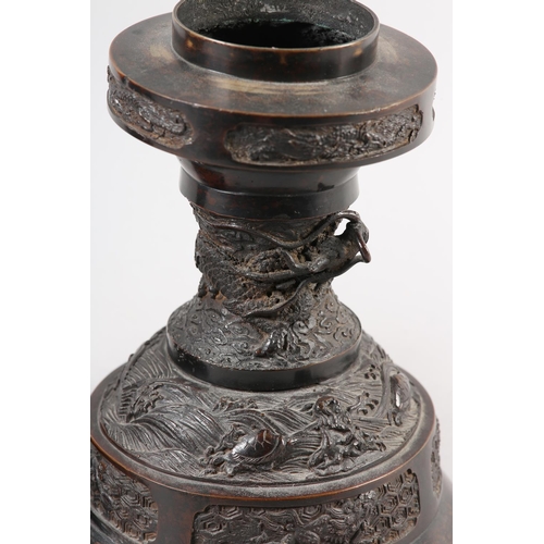 169B - A PAIR OF JAPANESE BRONZE TABLE LAMP BASES, Meiji period, the baluster pedestal cast in high and low... 