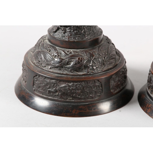 169B - A PAIR OF JAPANESE BRONZE TABLE LAMP BASES, Meiji period, the baluster pedestal cast in high and low... 