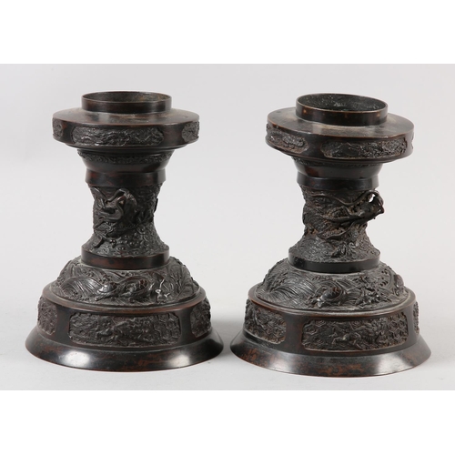 169B - A PAIR OF JAPANESE BRONZE TABLE LAMP BASES, Meiji period, the baluster pedestal cast in high and low... 