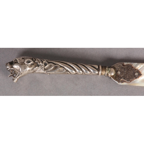 271 - A VICTORIAN SILVER LEOPARD HEAD HANDLED MOTHER-OF-PEARL PAGE TURNER, 19.5cm long, marks rubbed